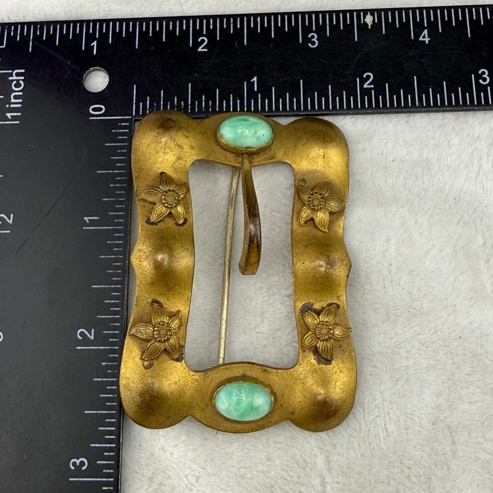 Vintage Sash Brooch Gold Tone Art Deco Green